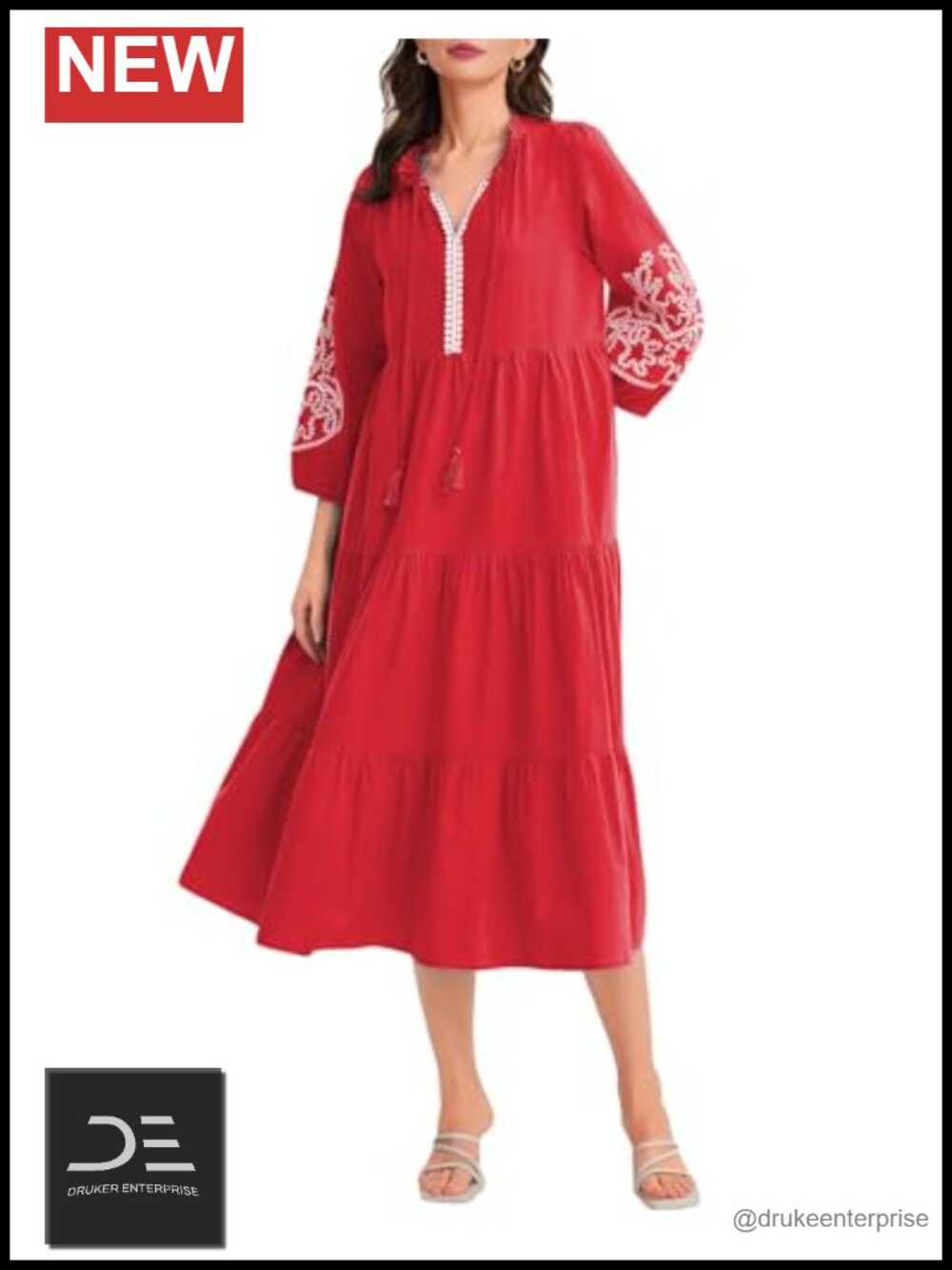 Women's Cotton Maxi Dress Embroidered 3/4 Sleeve V-Neck Loose Fit Casual
